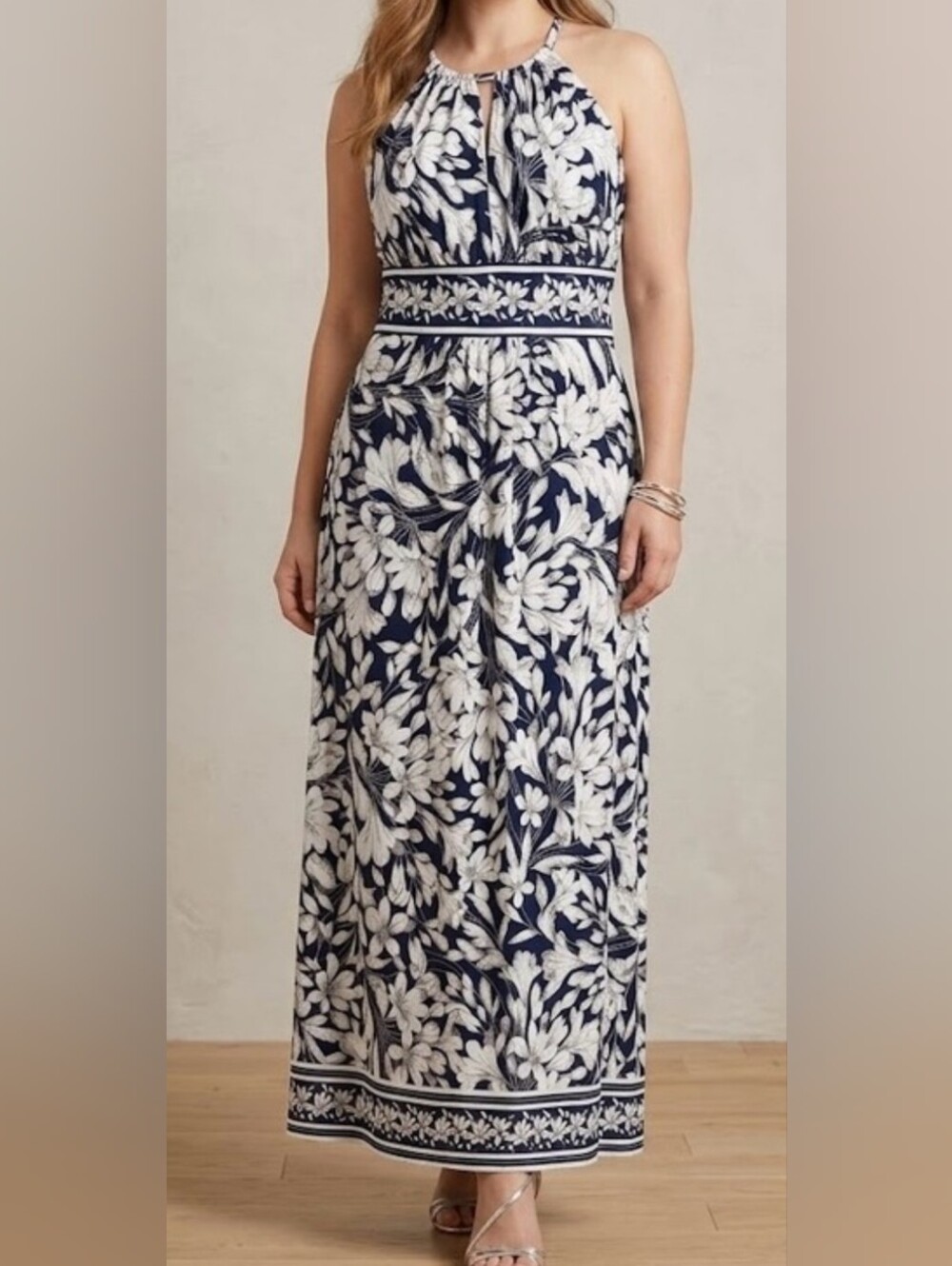 🌼B2G1🌼 London Times Navy, Tan, and White Floral Halter Maxi Dress Size 12